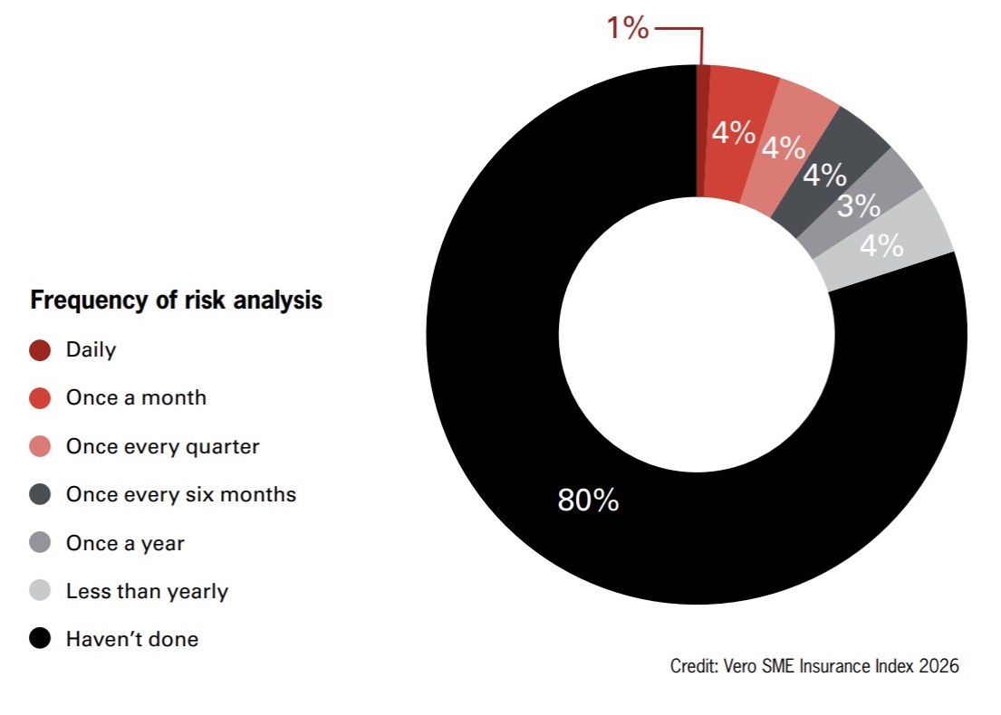 Donut chart showing 80% of surveyed businesses have not conducted a formal risk analysis, with smaller shares analysing risk daily, monthly, quarterly, every six months, yearly or less often.