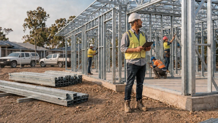 Australian residential builder and tradies working on a steel-frame house