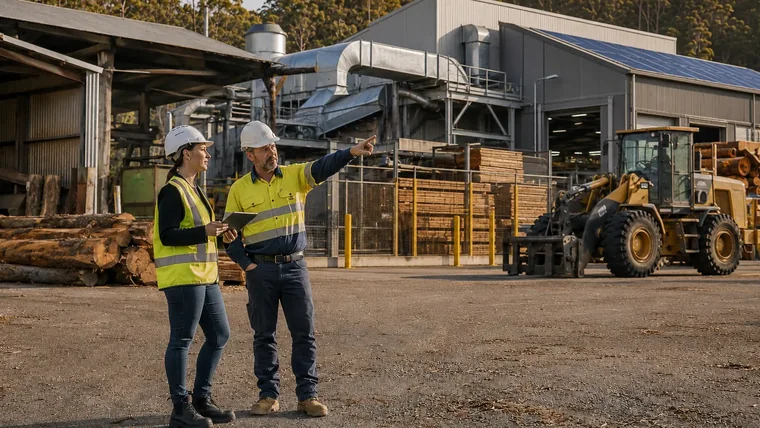 Broker and business owner inspecting a complex Australian timber-processing risk