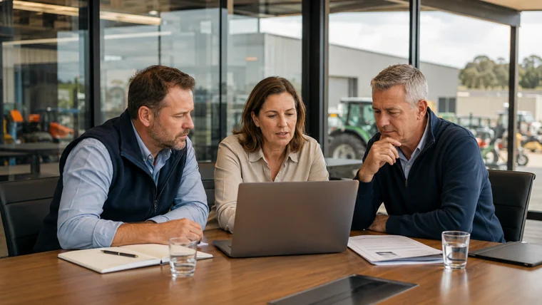 Regional agribusiness leaders reviewing a governance matter in a contemporary boardroom